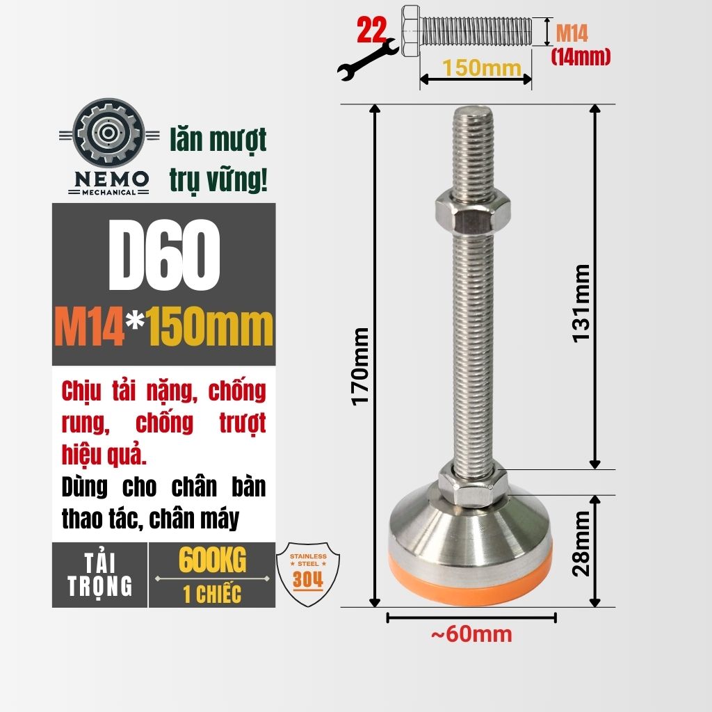 Chân Tăng Chỉnh Inox 304 Ren M14 – Đế Bát Dày Chịu Tải Siêu Nặng 600kg, Chống Ăn Mòn Tuyệt Đối
